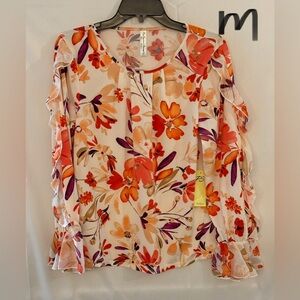 Perseption Cream Blouse with Orange & Purple Floral Accents